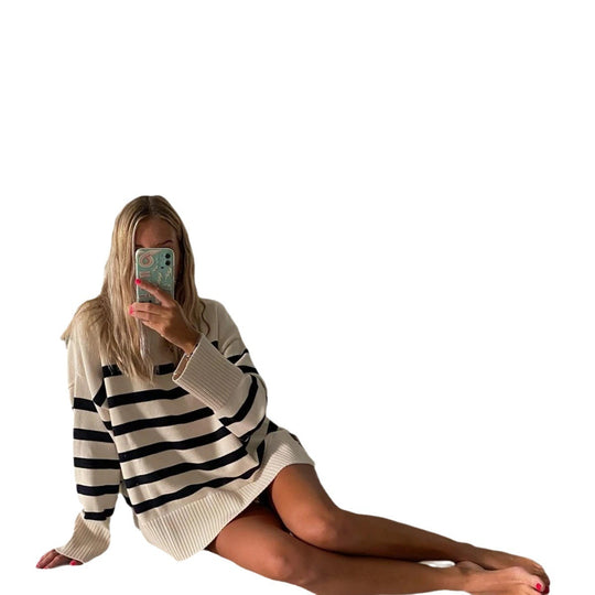 Damen Oversized Strickpullover mit hohem Kragen und trendigem Streifenmuster EB