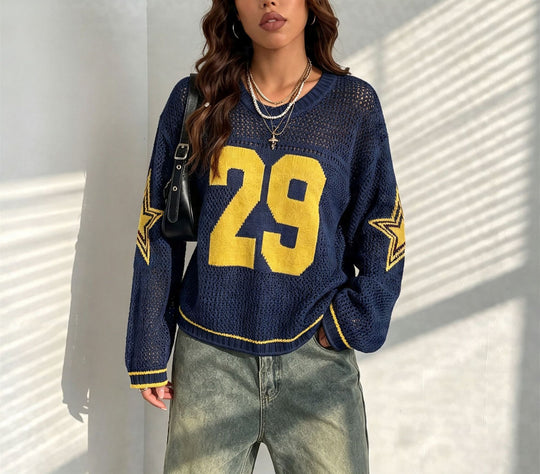 Damen Oversize Netz-Strick Cropped Pullover mit V-Ausschnitt EB