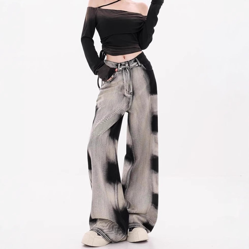 Damen Weite Designer-Jeans mit kreativen Batikmustern EB