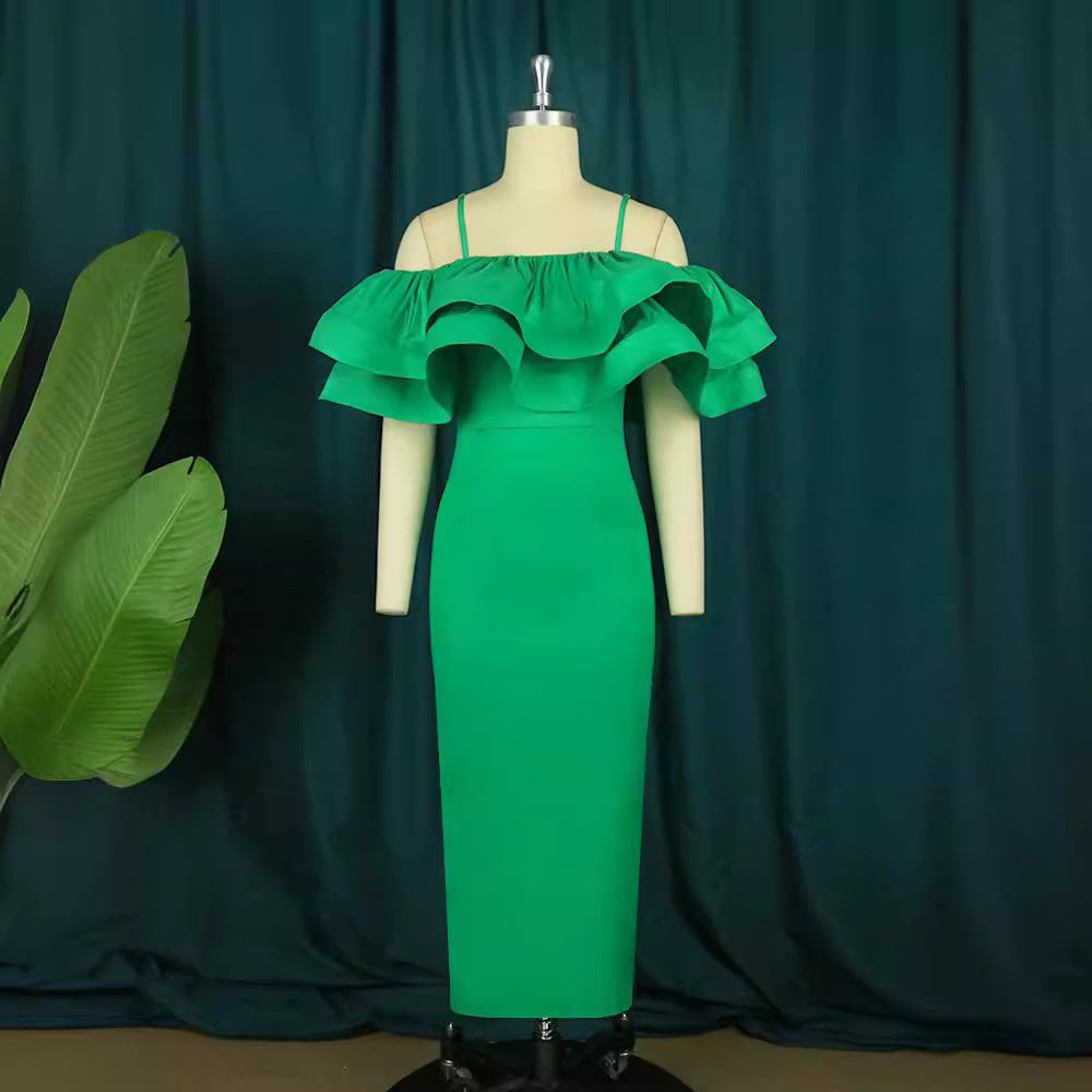 Damen Figurbetontes Satin-Kleid mit voluminösen Rüschen EB