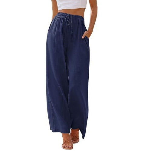 Damen nan weite Leinenhose mit elastischem Bund Kordel und Seitentaschen EB