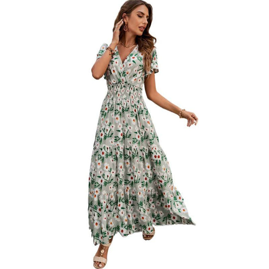 Damen Maxikleid mit floralem Design und elastischem Taillenbund EB