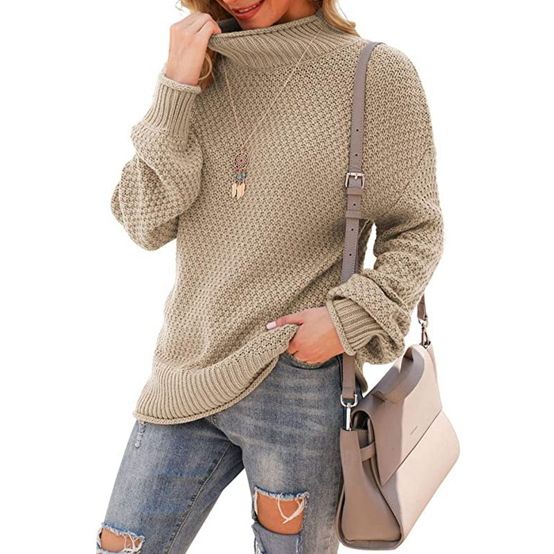 Damen Grobstrickpullover mit hohem Kragen und modischer Struktur EB