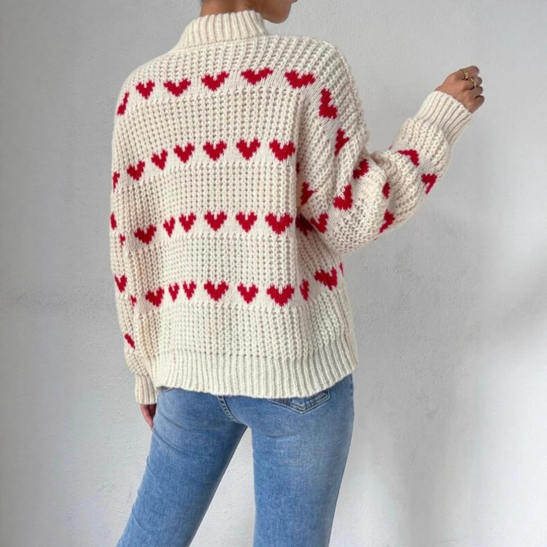Damen Grobstrickpullover mit Herzmuster und Rollkragen EB