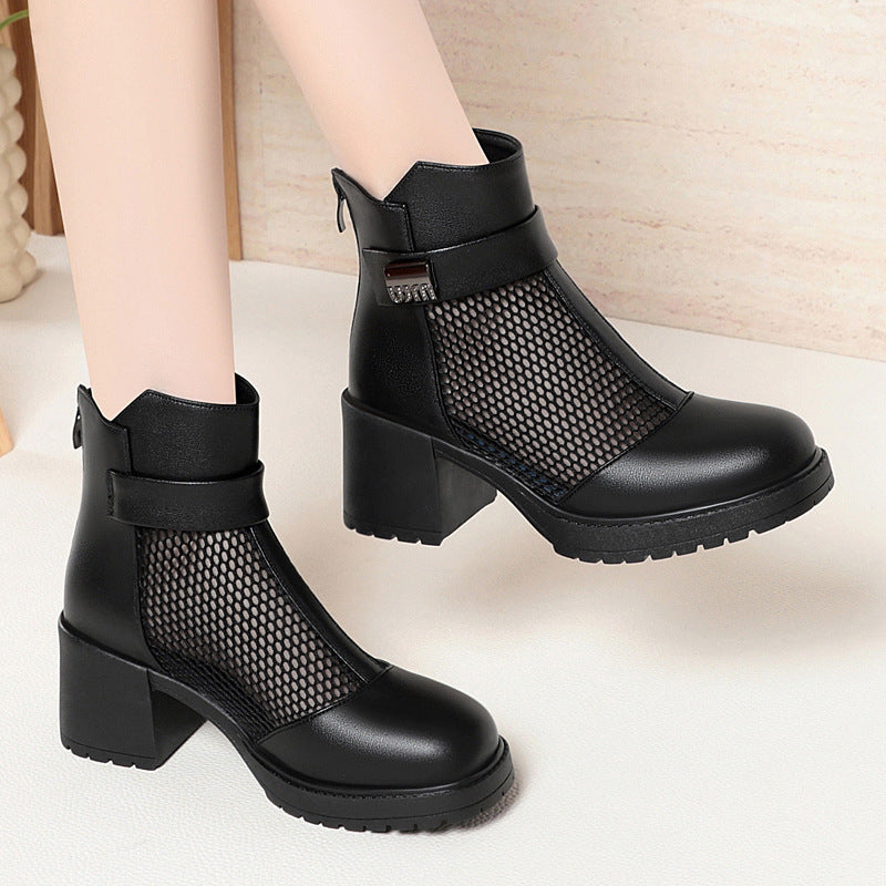 Damen Stylische Stiefeletten mit Netzdesign und robustem Blockabsatz EB