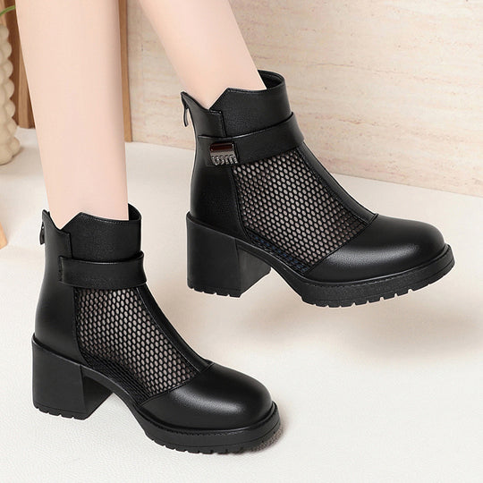 Damen Stylische Stiefeletten mit Netzdesign und robustem Blockabsatz EB