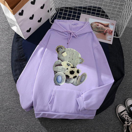 Damen nan kuscheliger Kapuzenpullover mit Teddy-Applikation, weichem Fleece-Futter und Kängurutasche EB