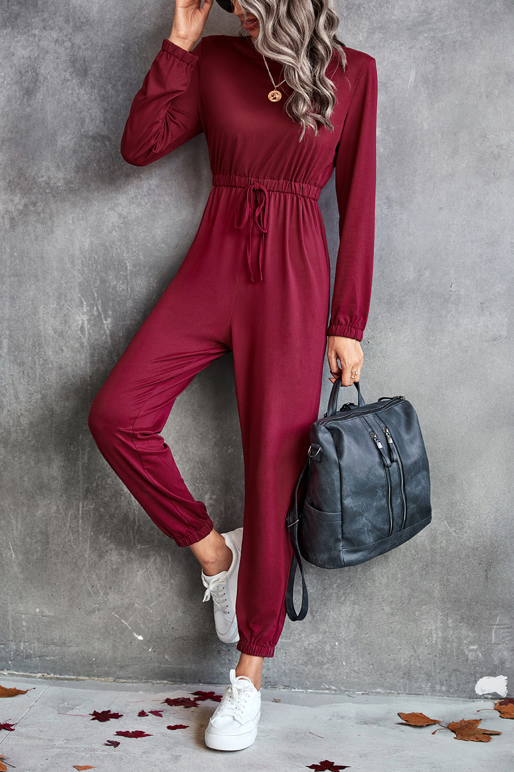 Damen lässiger Jumpsuit mit elastischem Taillenzug und trendy Langarm EB