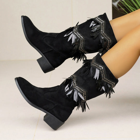 Damen Stiefel mit modischen Fransen und Glitzerdetails EB