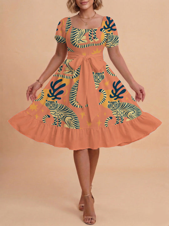Damen A-Linien-Kleid mit floralen Motiven und taillierbarem Gürtel EB