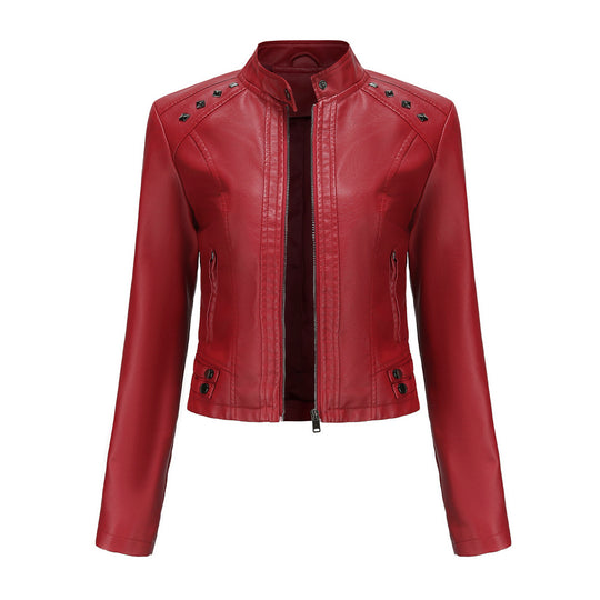 Damen nan kurze taillierte Kunstlederjacke mit Nietenbesatz und Stehkragen EB