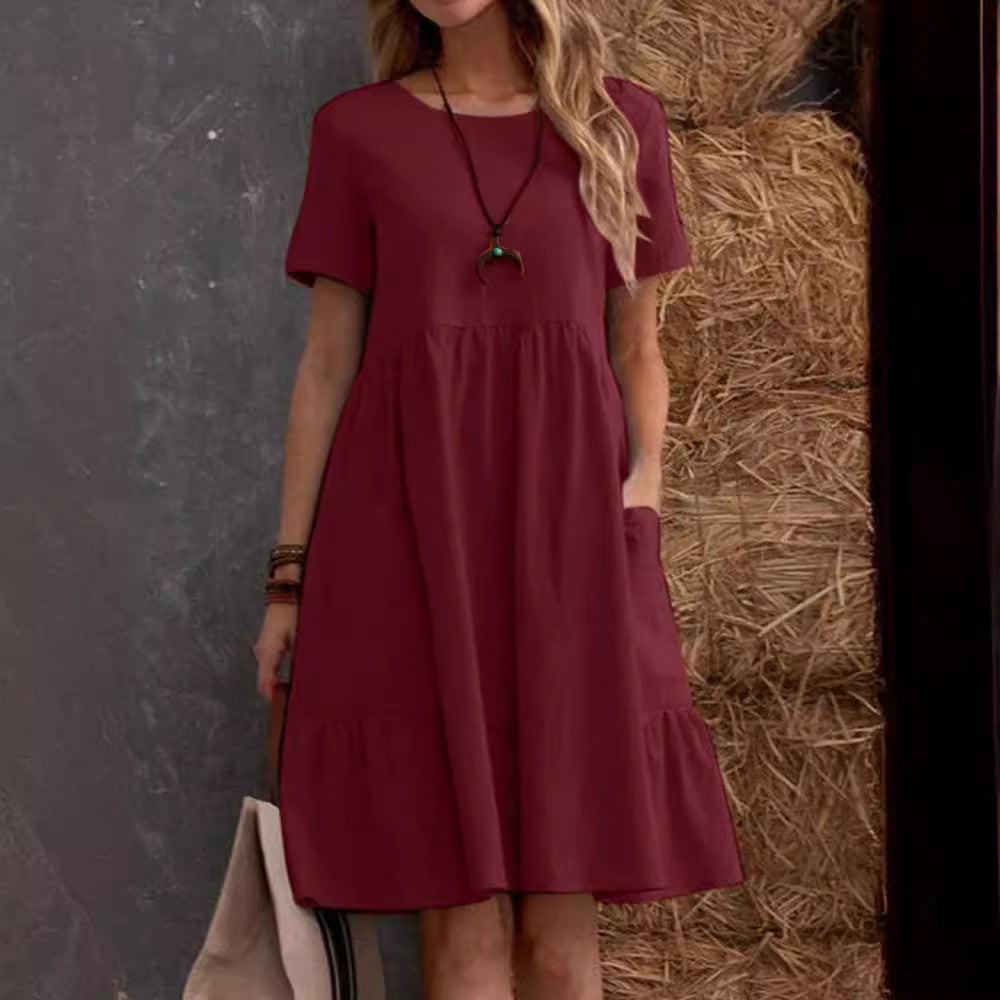 Damen Lockeres Baumwollkleid mit Taschen und Volant EB
