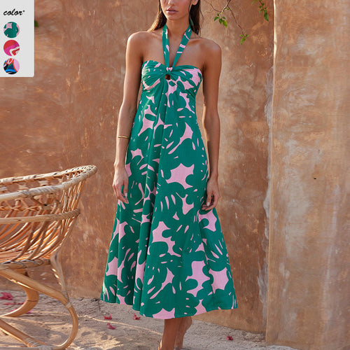 Damen Maxi Kleid mit raffiniertem Halterneck und trendigem Print EB