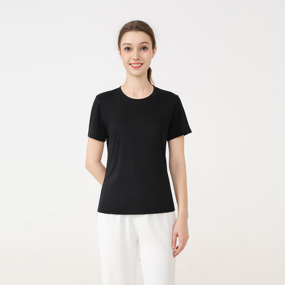 Damen klassisches Rundhals Baumwoll T-Shirt mit kurzem Arm und figurfreundlichem Schnitt EB