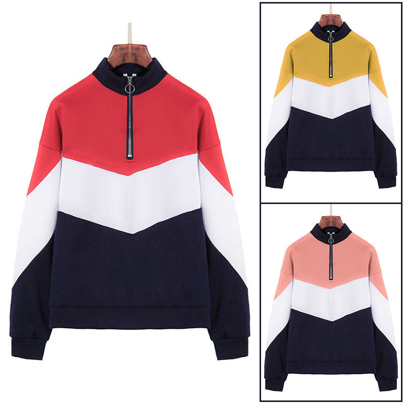 Damen sportlicher Sweatshirt mit hohem Kragen und farblich abgesetztem Design EB