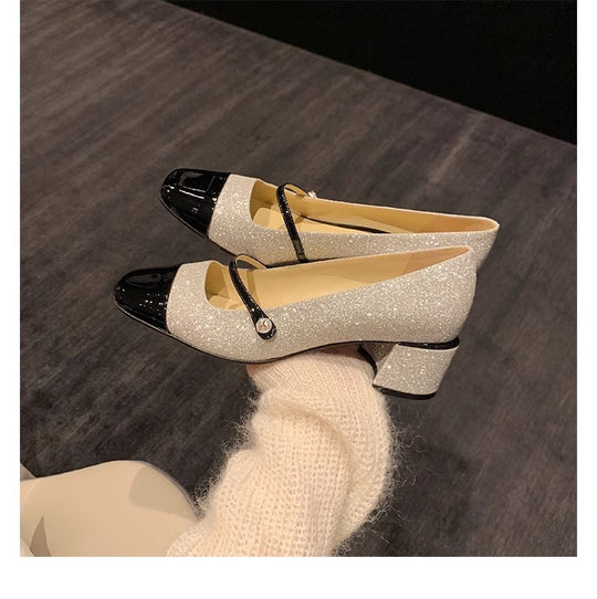 Damen Elegante Glitzer-Pumps mit doppeltem Riemchen und komfortablem Blockabsatz EB