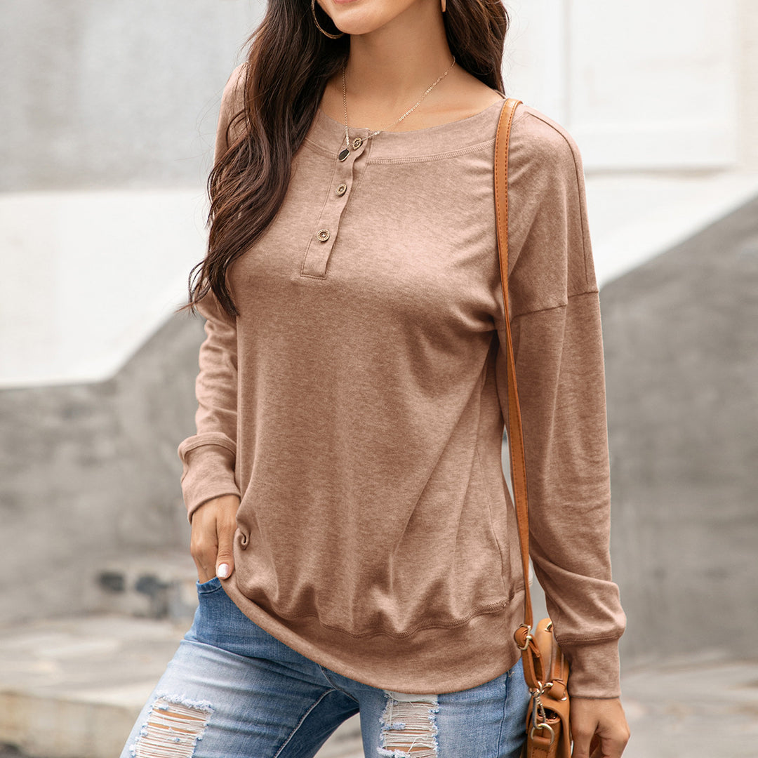 Damen gemütliches Langarm-Henley-Shirt mit Knopfleiste und tiefem Rundhalsausschnitt EB