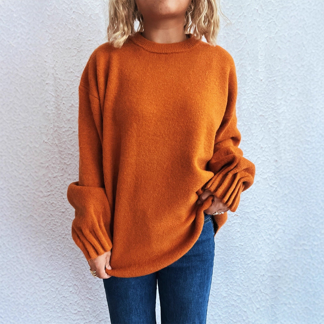 Damen lässiger Strickpullover mit weitem Rundhalsausschnitt und fluffiger Textur EB