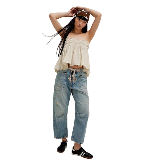 Damen nan hochgeschnittene Jeans im weiten Schnitt mit aufgesetzten Taschen und Kordelzug EB