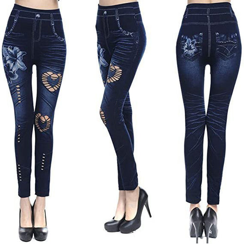 Damen Floral-Design Hochbund-Leggings aus Denim EB