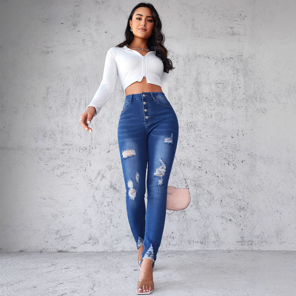 Damen Jeans im modernen Skinny Fit mit knöpfen und modischen Rissdetails EB
