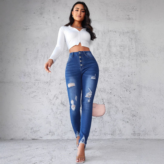 Damen Jeans im modernen Skinny Fit mit knöpfen und modischen Rissdetails EB