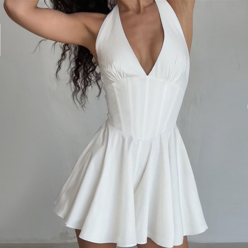 Damen Verspieltes Cocktailkleid mit tiefem V-Ausschnitt und fließendem Rock EB