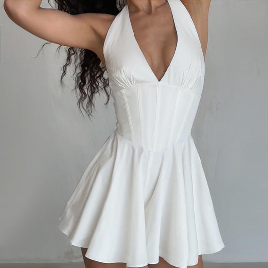 Damen Verspieltes Cocktailkleid mit tiefem V-Ausschnitt und fließendem Rock EB
