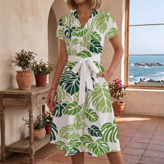 Damen lässiges Maxikleid mit taillierbarem Knoten und dekorativem Karomuster EB