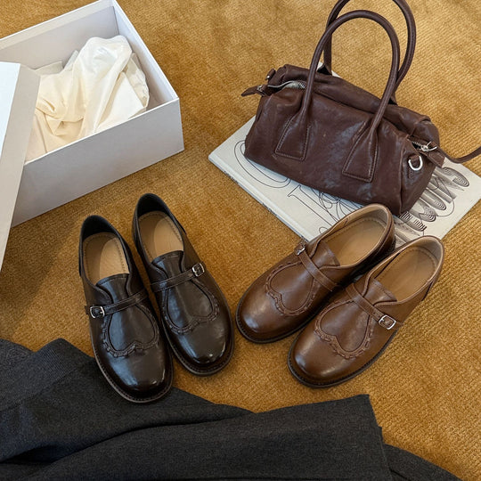 Damen Elegante Mokassins mit dekorativem Schnallenverschluss und handgefertigter Lederoberfläche EB