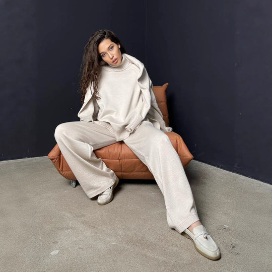 Damen Strick-Loungewear-Set mit hohem Kragen und weitem Schnitt EB