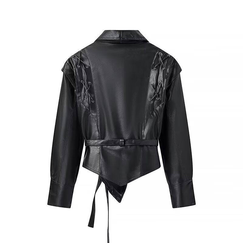 Damen elegante Kunstlederjacke mit modischen Schnürdetails EB