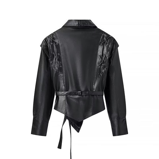 Damen elegante Kunstlederjacke mit modischen Schnürdetails EB