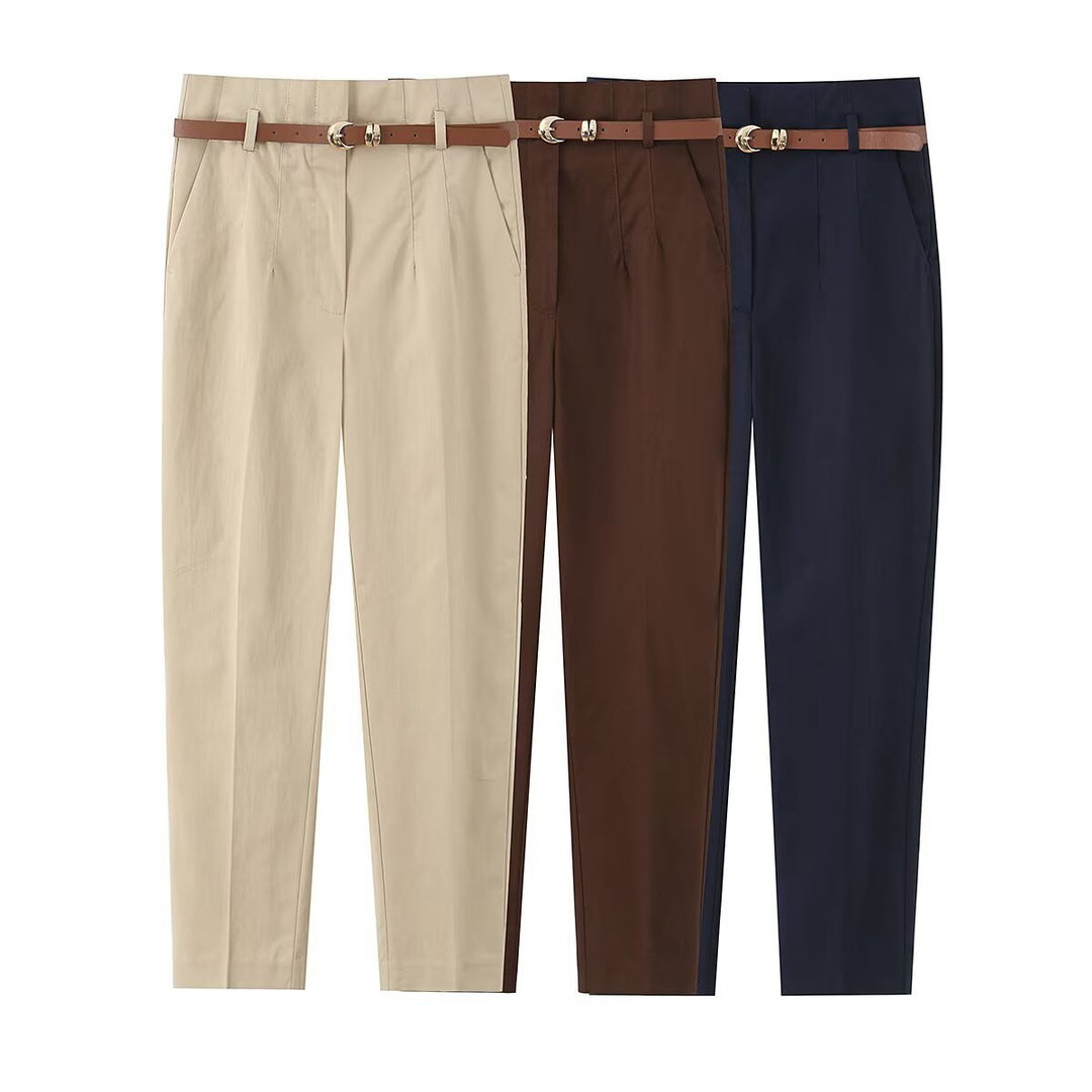 Damen elegante Chinohose mit praktischen Taschen und modischem Gürtel EB