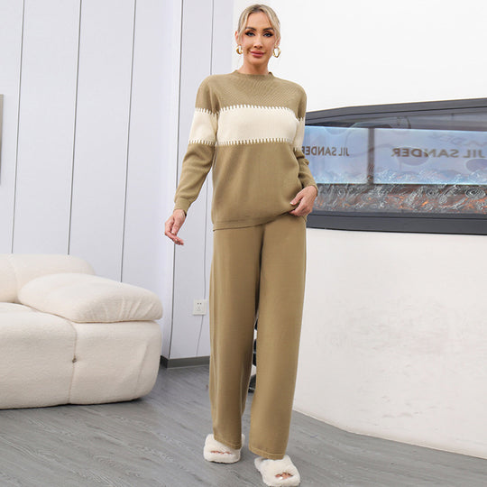 Damen gemütliches Strick-Loungewear-Set mit elegantem Strukturmuster und weitem Bein EB