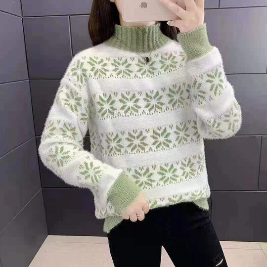 Damen Strickpullover mit modernem Schneeflocken-Muster und Stehkragen EB