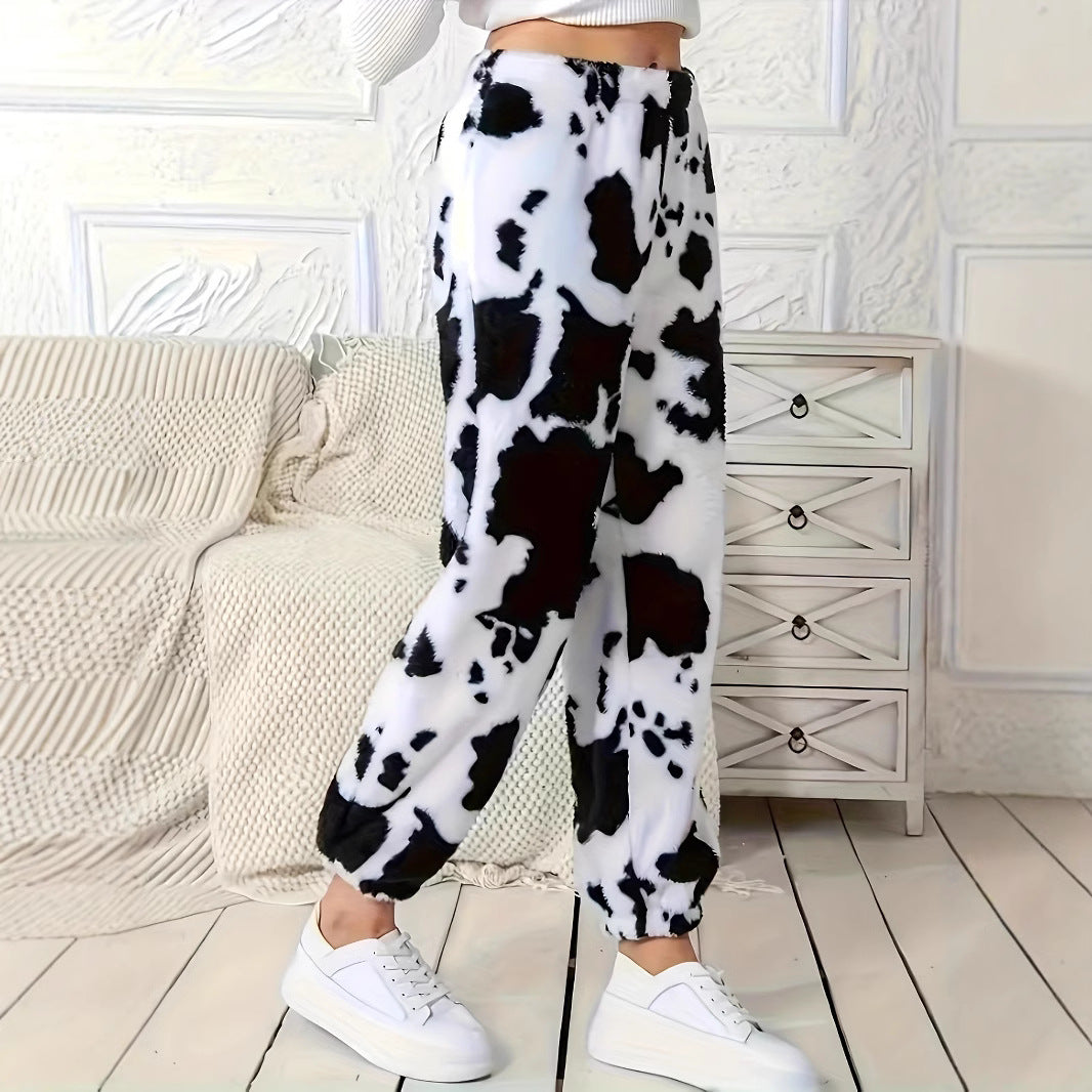 Damen Plüschhose mit modischem Kuhfleckenmuster und elastischem Bund EB