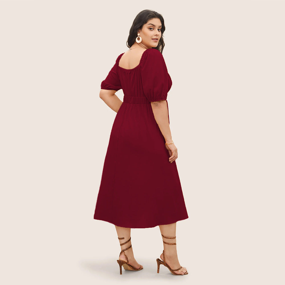 Damen elegantes Midikleid mit modischen Puffärmeln und Taillenschnürung EB