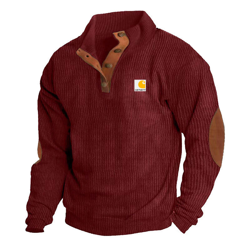 Herren nan Strickpullover im Troyer-Stil mit Stehkragen Lederbesatz Druckknopfleiste und Ellbogen-Patches EB