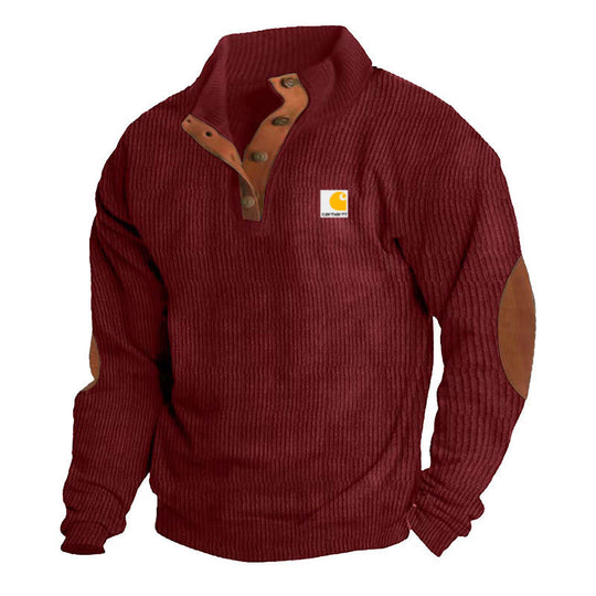 Herren nan Strickpullover im Troyer-Stil mit Stehkragen Lederbesatz Druckknopfleiste und Ellbogen-Patches EB