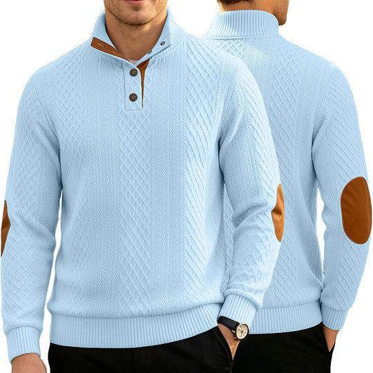 Herren Kabelstrick Troyer Pullover mit Stehkragen und Lederoptik-Ellbogen-Patches EB