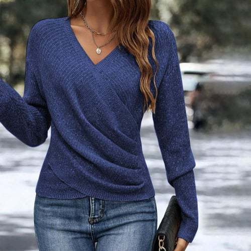 Damen nan figurbetonter Wickel-Strickpullover mit V-Ausschnitt und feiner Rippenstruktur EB