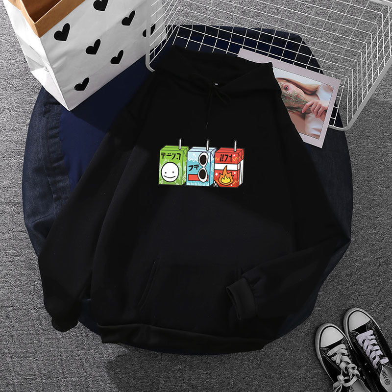 Damen nan oversized Kapuzenpullover mit Cartoon-Getränkekarton-Print, Kängurutasche und weichem Innenfutter EB