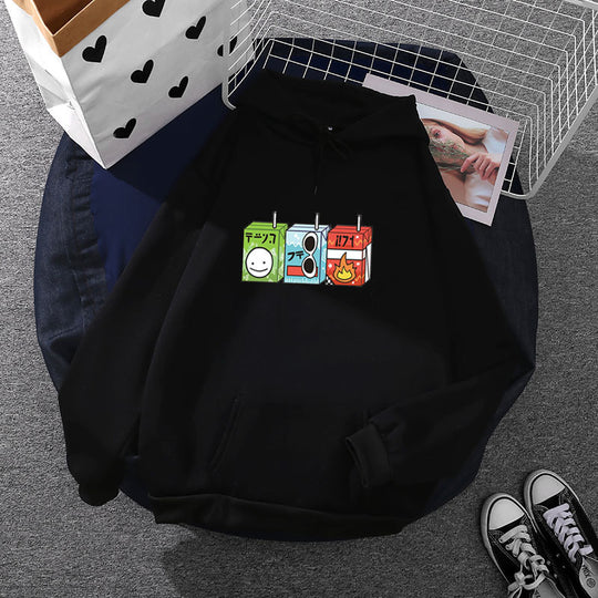 Damen nan oversized Kapuzenpullover mit Cartoon-Getränkekarton-Print, Kängurutasche und weichem Innenfutter EB