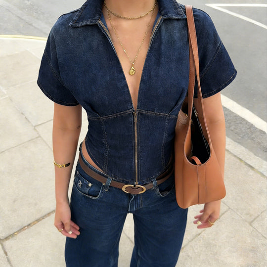 Damen Kurzarm Denim-Jacke mit teilbarem Reißverschluss und modischem Schnitt EB