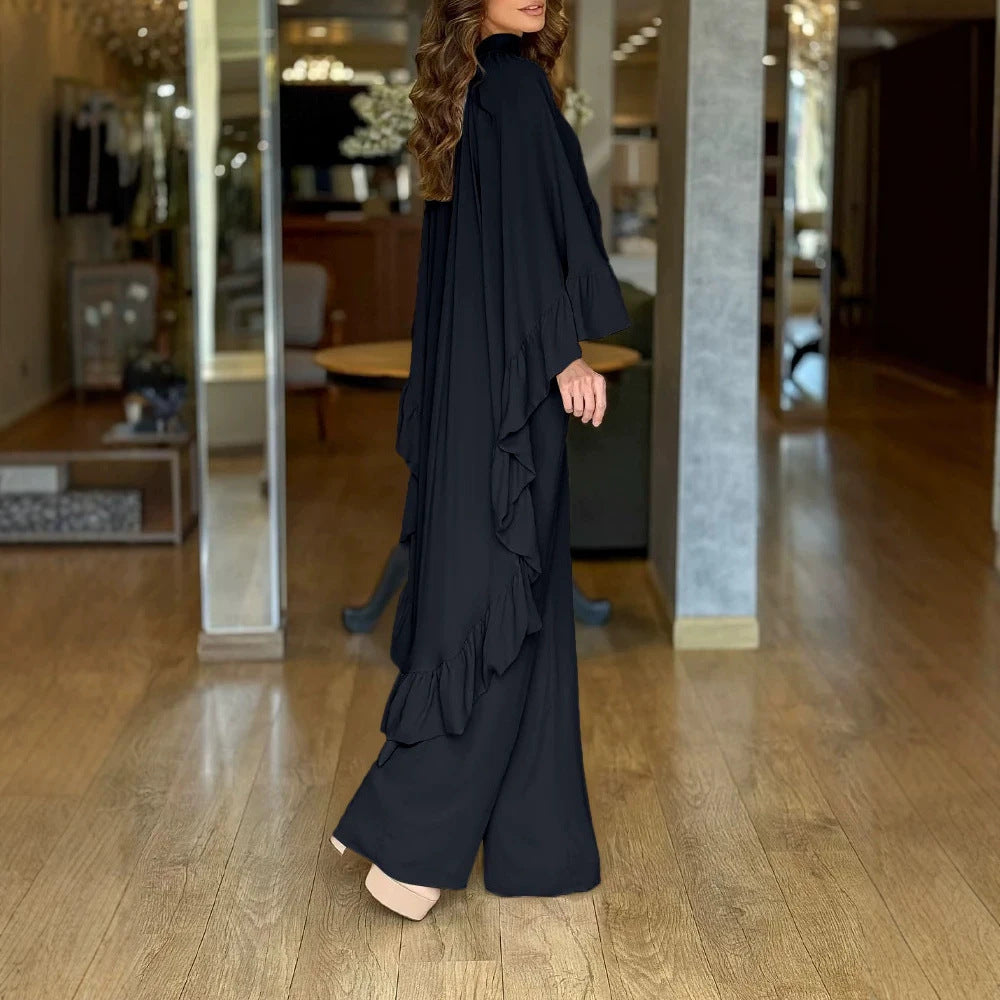 Damen Eleganter Overall mit Cape-Volant und weitem Palazzohosenbein EB