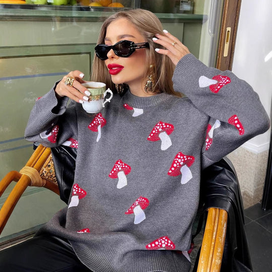 Damen Pullover mit verspielten Pilzstickereien EB
