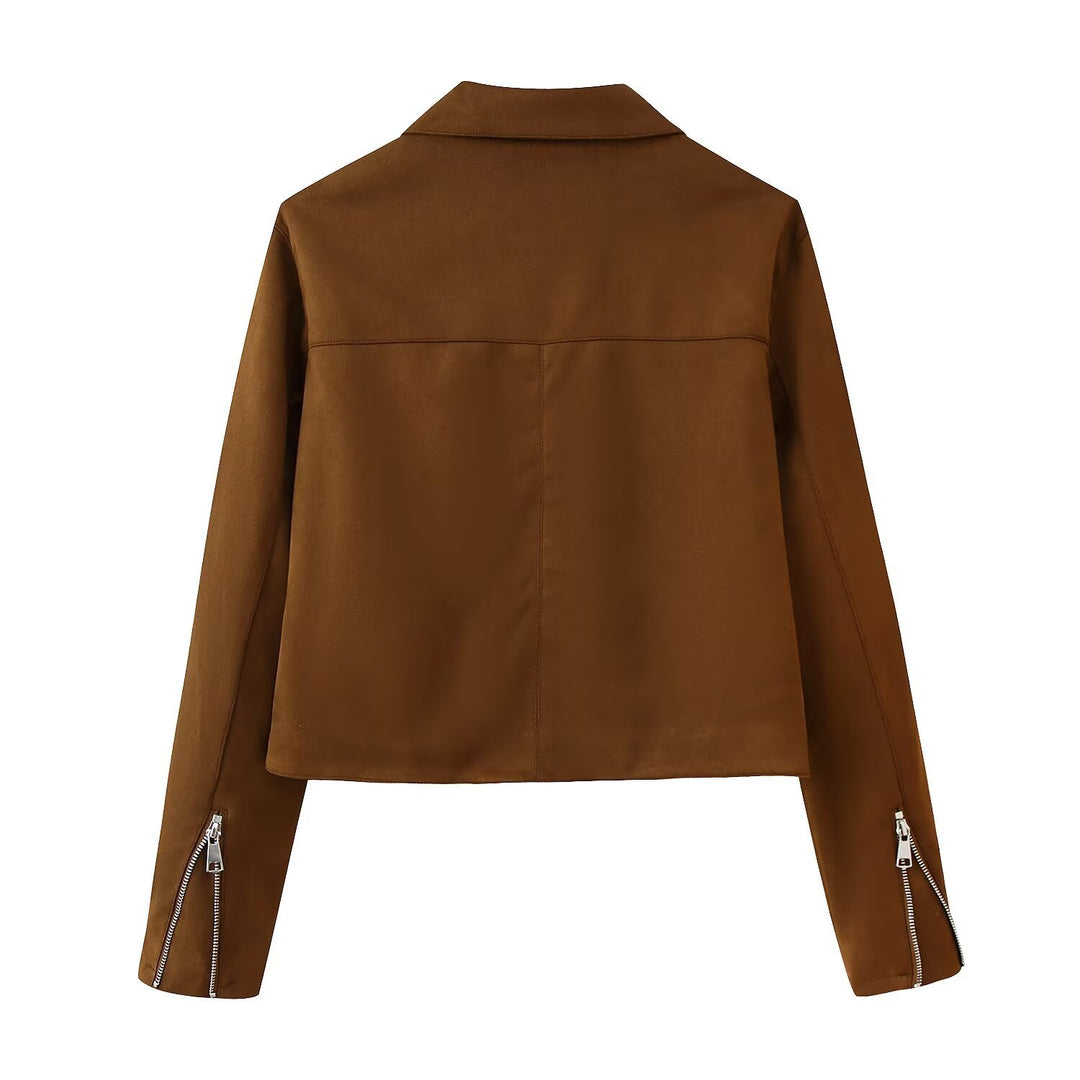 Damen Trendige Kunstlederjacke mit modernen Reißverschlüssen und klassischem Kragen EB