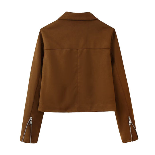 Damen Trendige Kunstlederjacke mit modernen Reißverschlüssen und klassischem Kragen EB