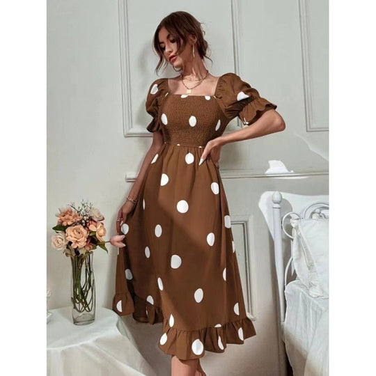 Damen Polka Dot Puff Ärmel Midi Kleid EB